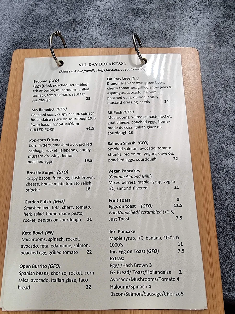Menu, Dragonfly Cafe Broome