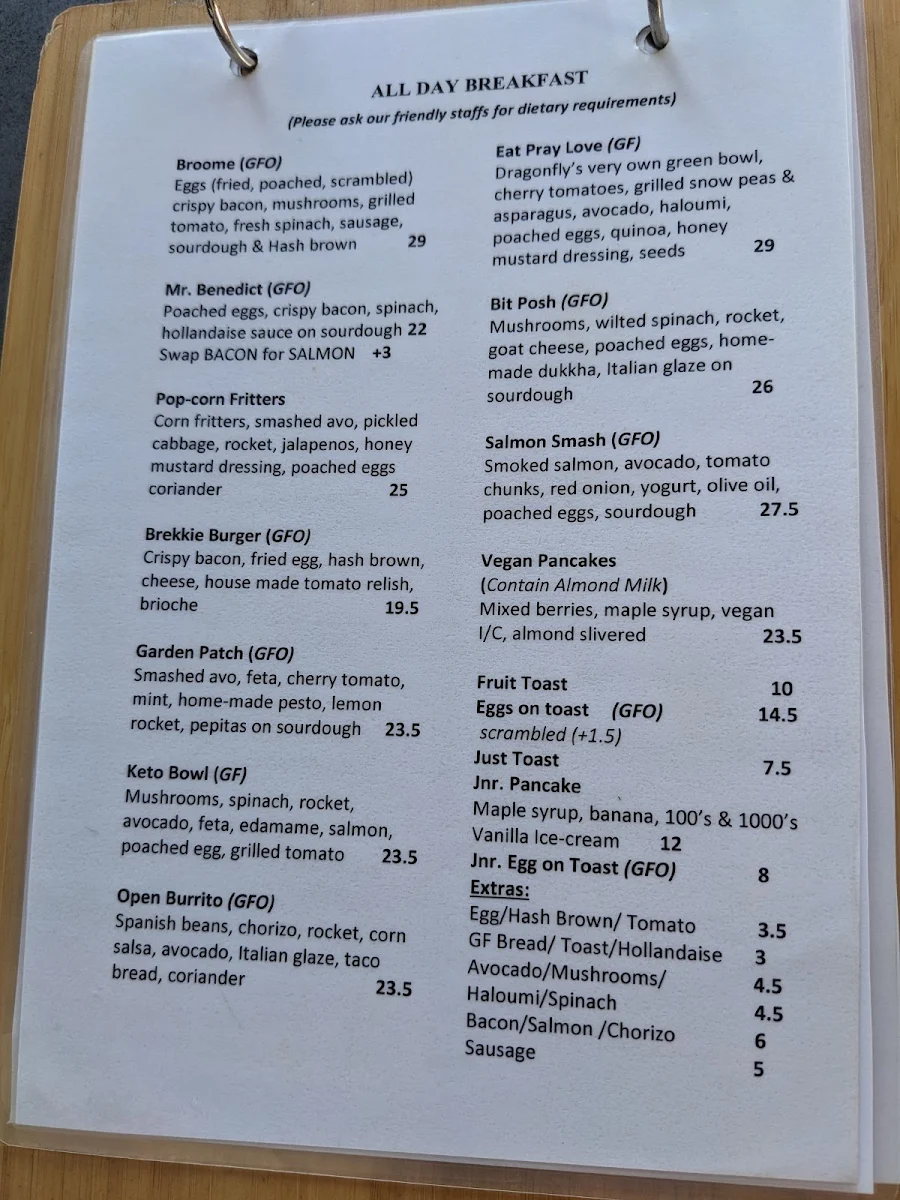 Menu, Dragonfly Cafe Broome