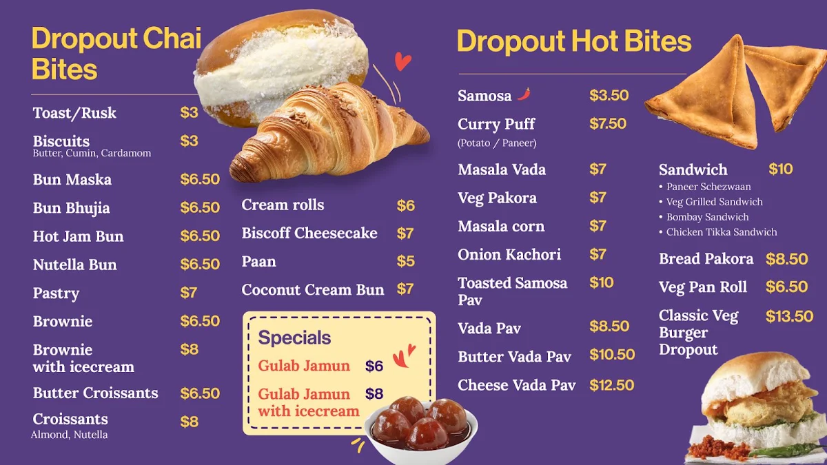 Menu, Dropout Chaiwala