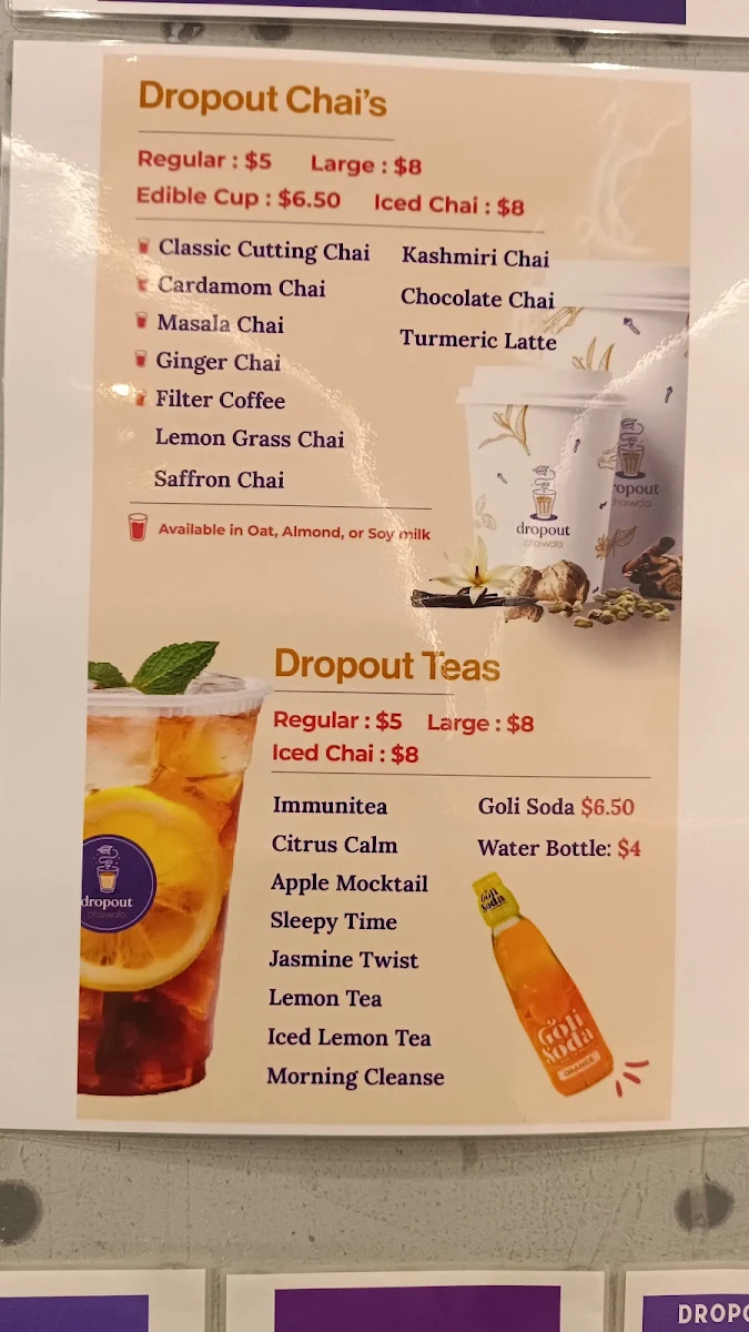 Menu, Dropout Chaiwala