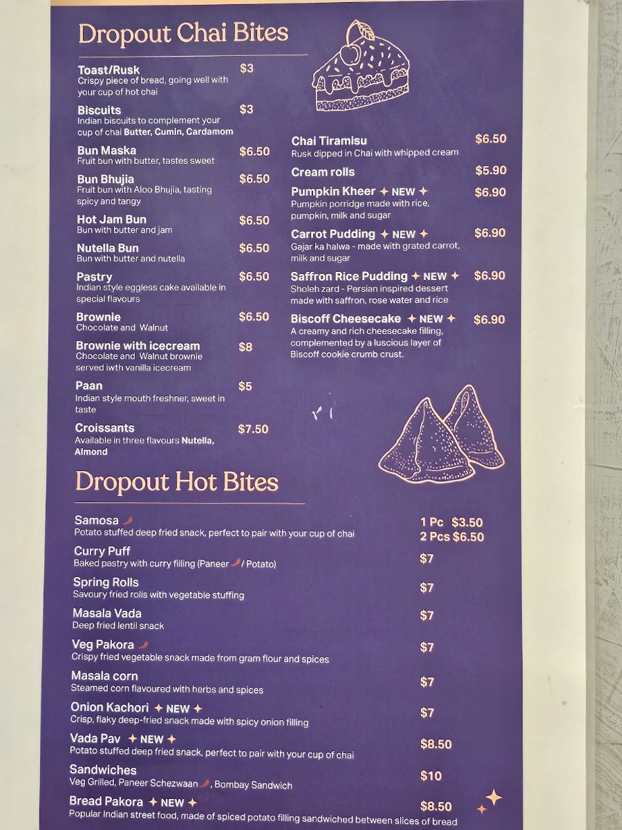 Menu, Dropout Chaiwala