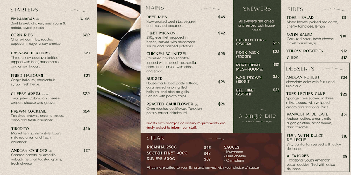 Menu, ANDES SOUL - restaurant & Bar