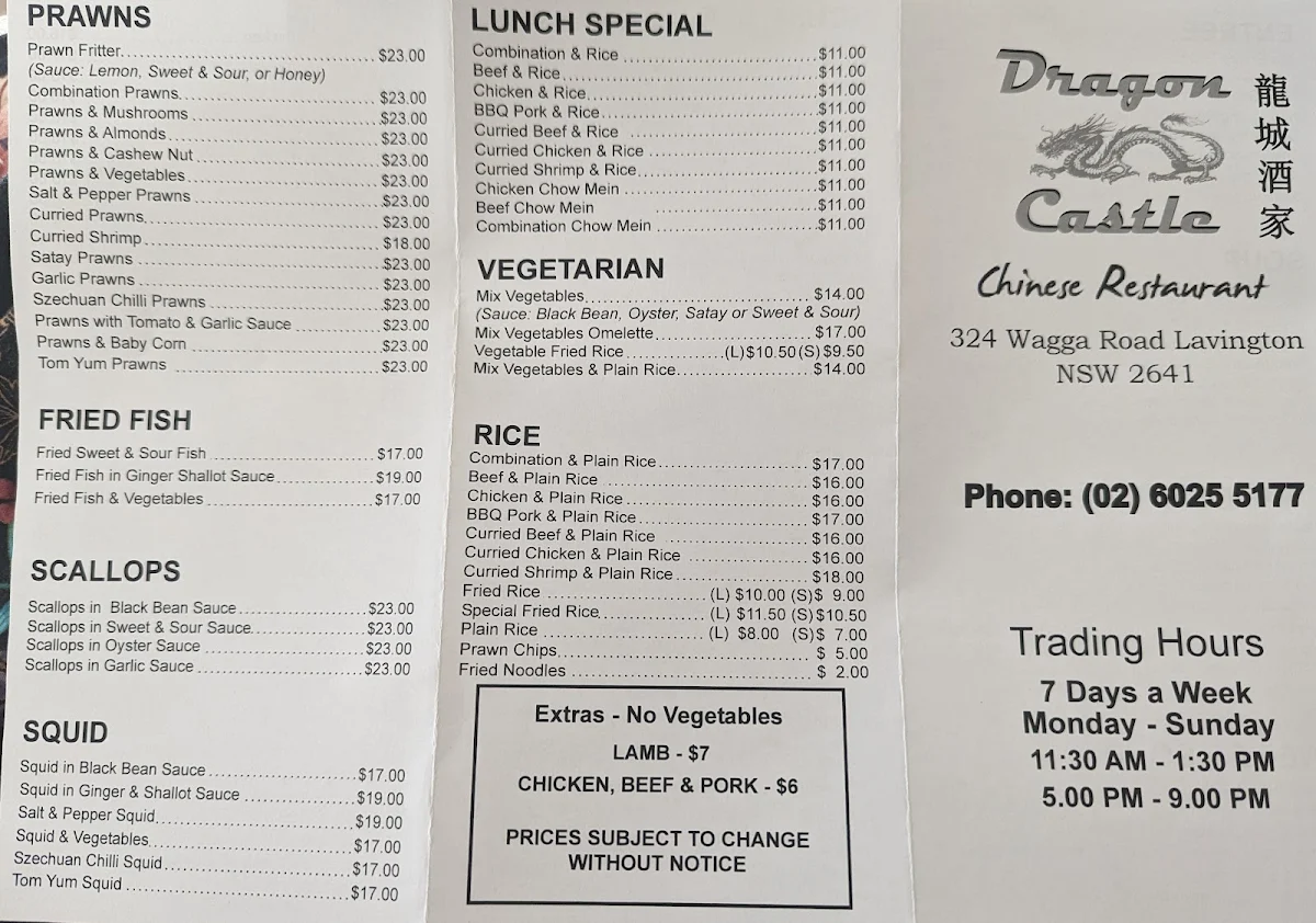 Menu, Dragon Castle Chinese Restaurant