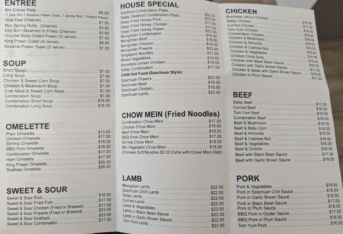 Menu, Dragon Castle Chinese Restaurant
