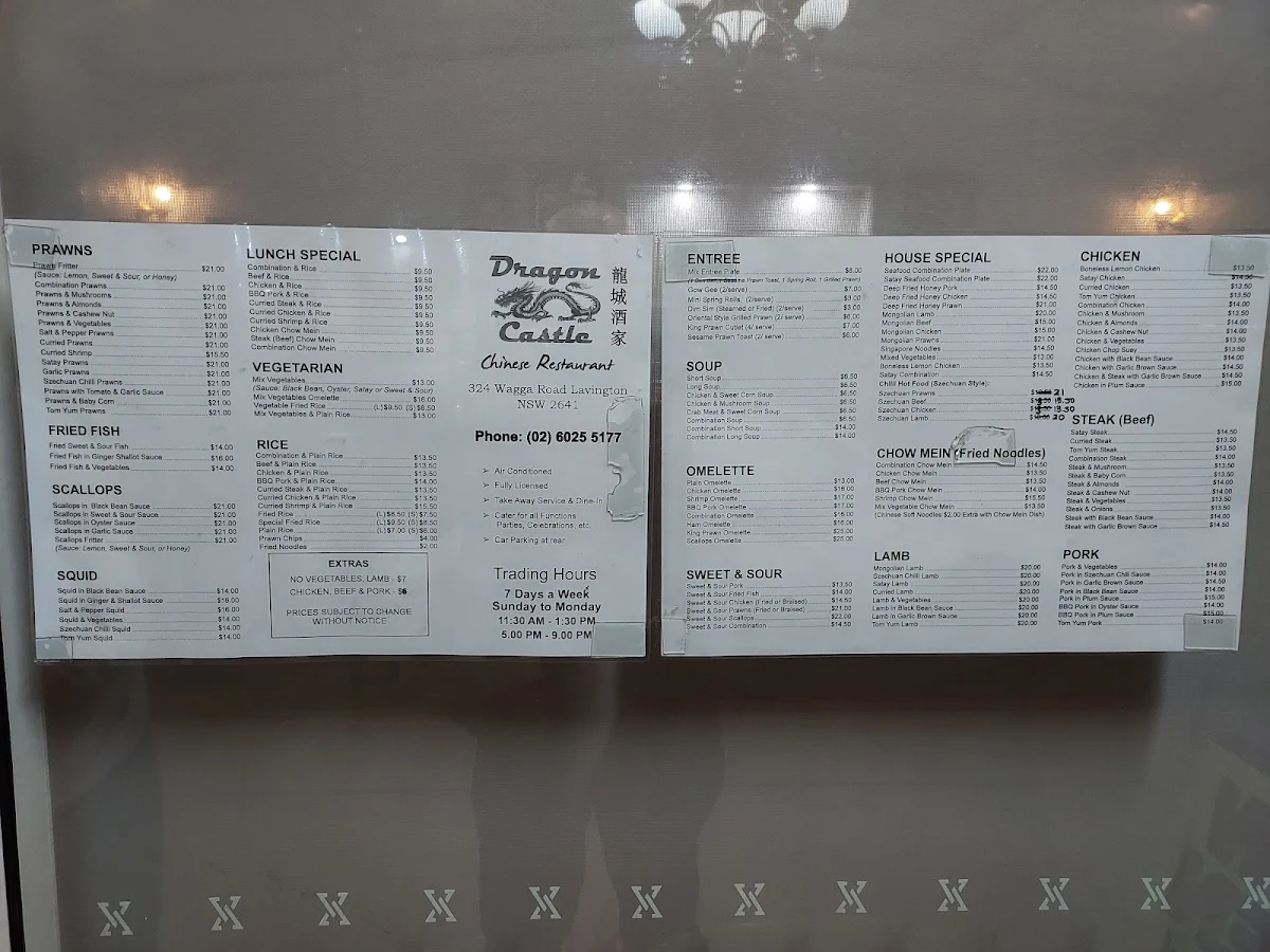 Menu, Dragon Castle Chinese Restaurant