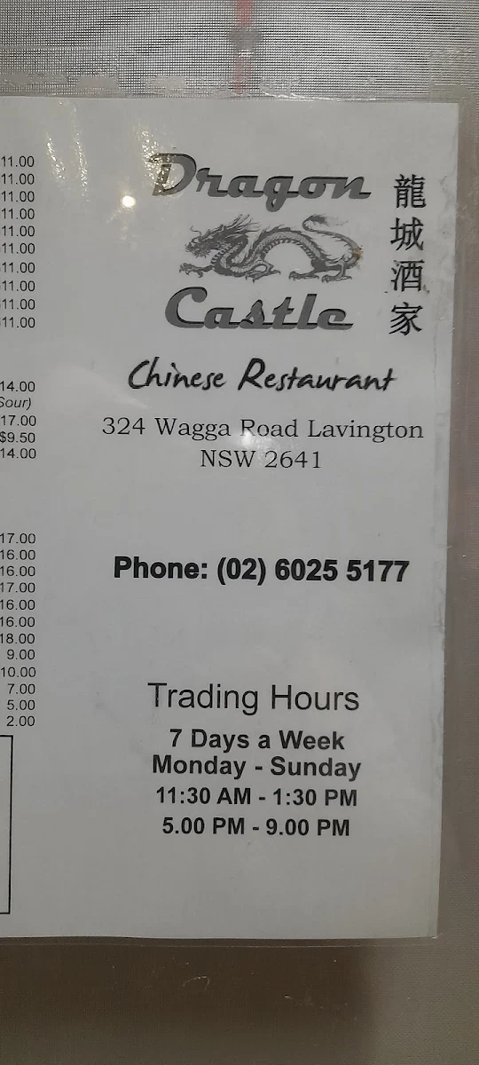 Menu, Dragon Castle Chinese Restaurant