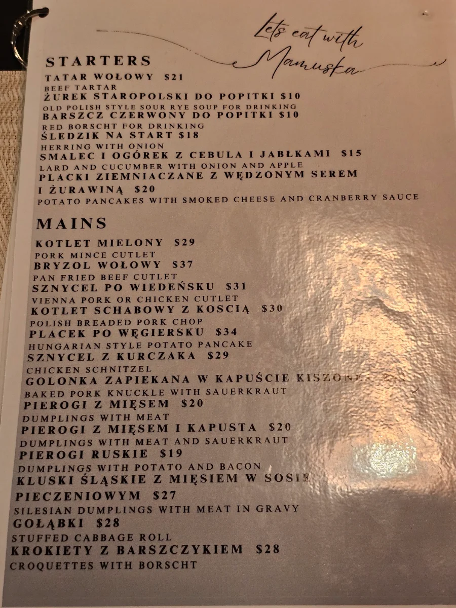 Menu, MAMUŚKA Polish Restaurant