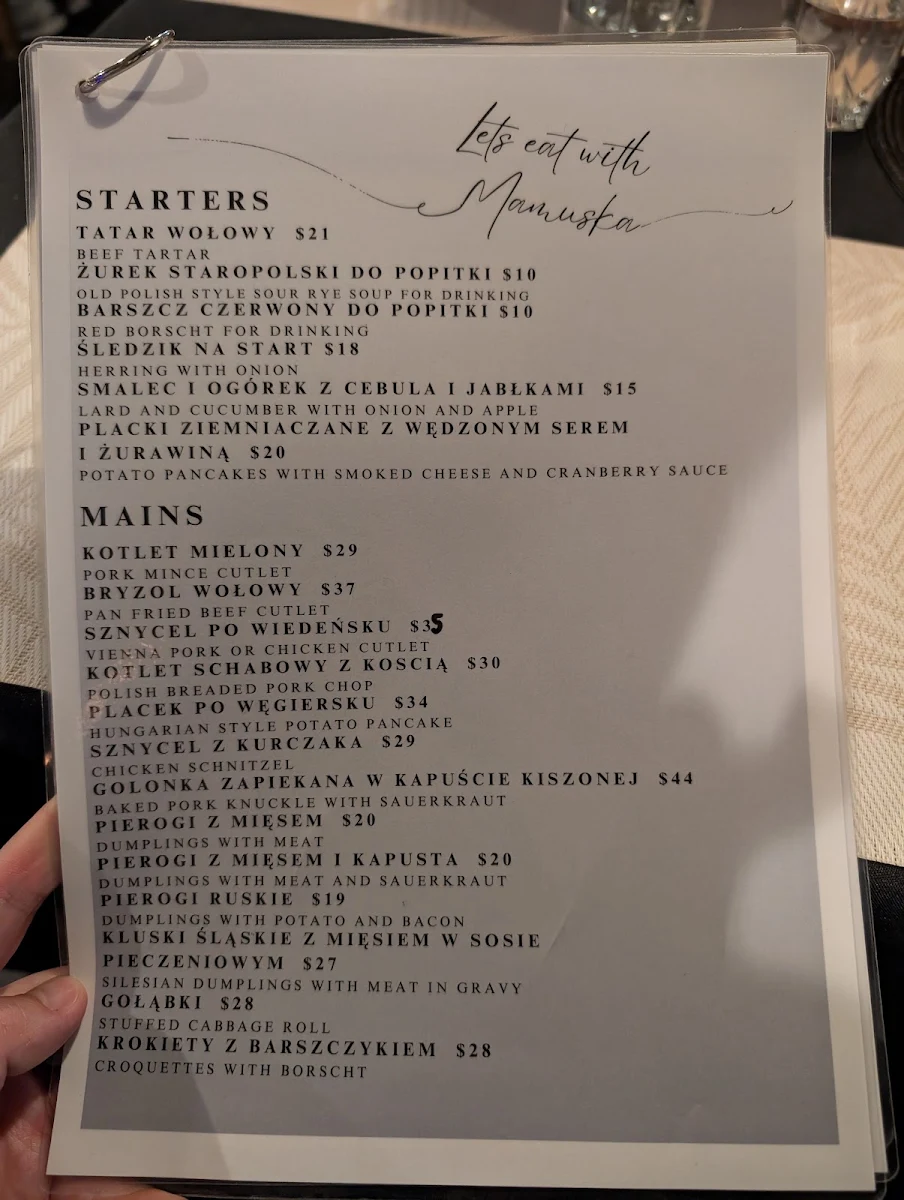 Menu, MAMUŚKA Polish Restaurant