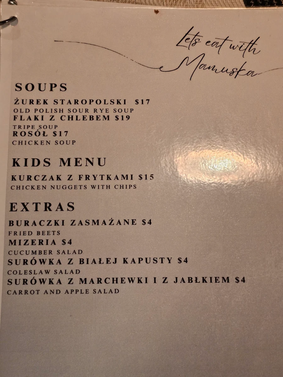 Menu, MAMUŚKA Polish Restaurant