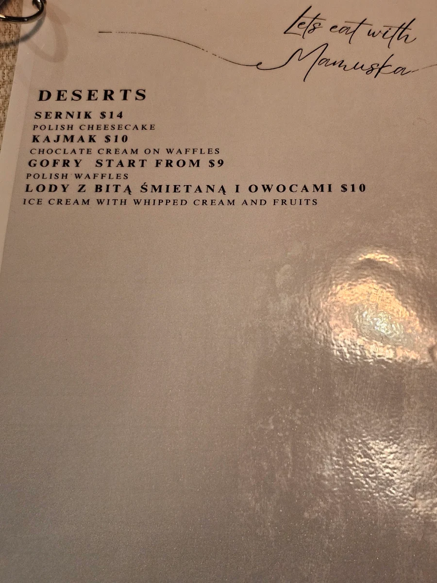 Menu, MAMUŚKA Polish Restaurant