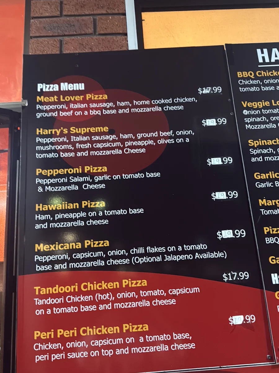 Menu, Harry's Pizza House