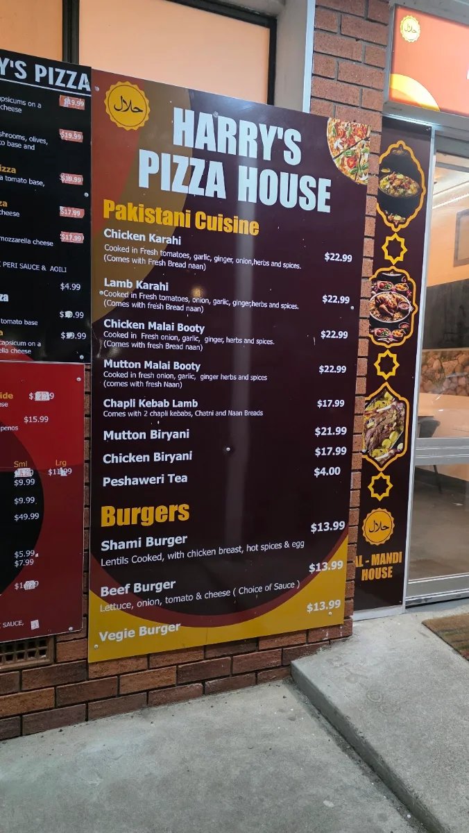 Menu, Harry's Pizza House