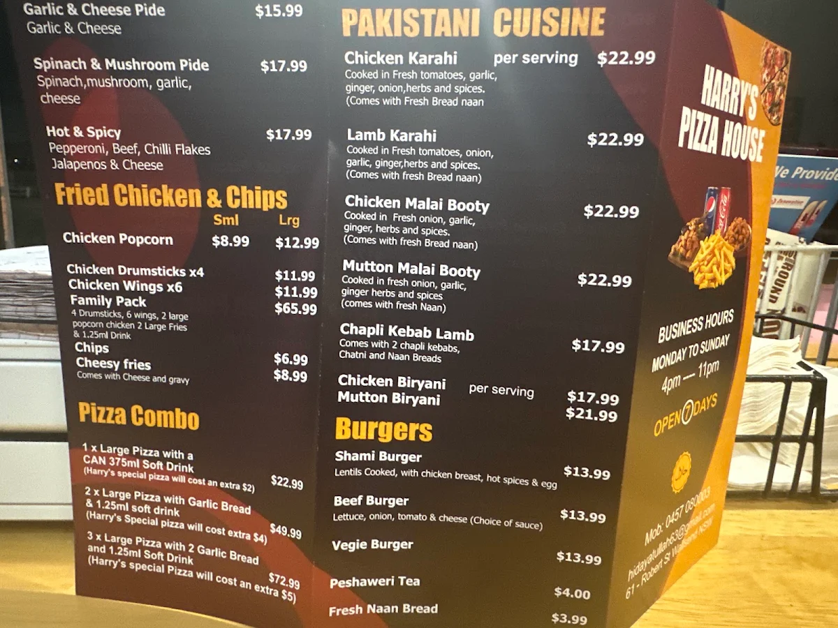 Menu, Harry's Pizza House