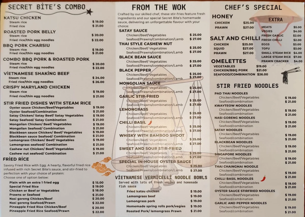 Menu, Secret Bites Asian Kitchen