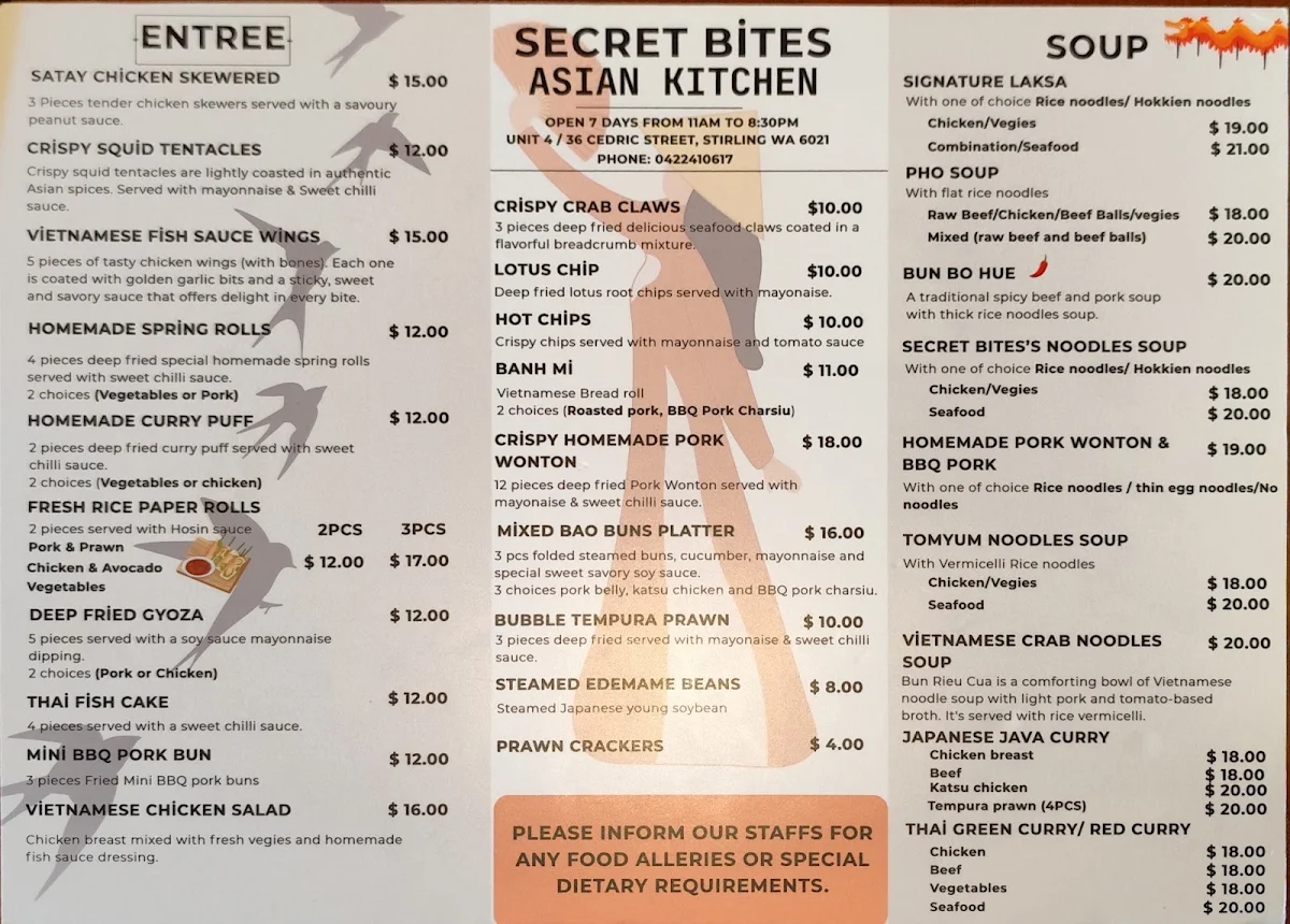 Menu, Secret Bites Asian Kitchen