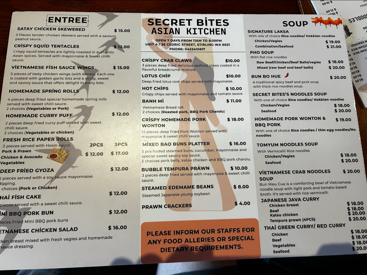 Menu, Secret Bites Asian Kitchen