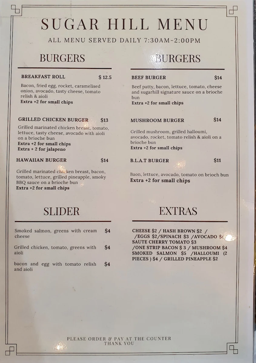 Menu, The Sugar Hill Café