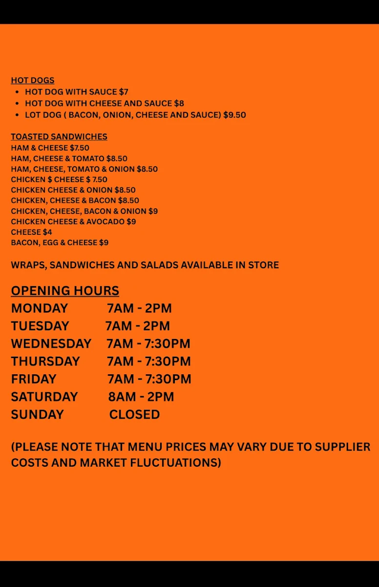 Menu, The snack shack Mundingburra