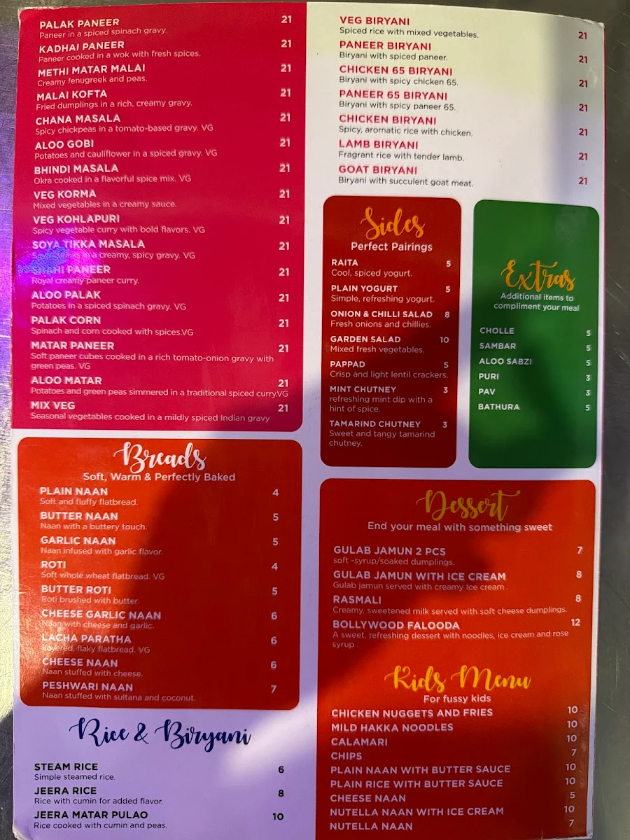 Menu, Bollywood Indian Kitchen