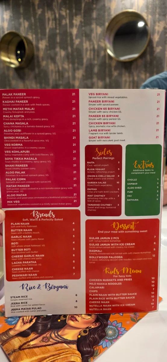 Menu, Bollywood Indian Kitchen
