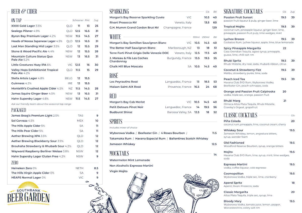 Menu, Southbank Beer Garden