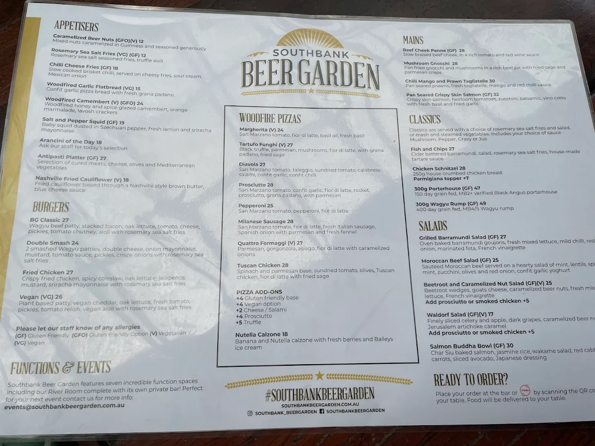 Menu, Southbank Beer Garden