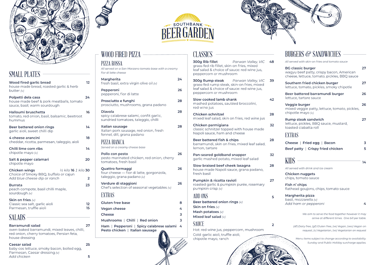 Menu, Southbank Beer Garden