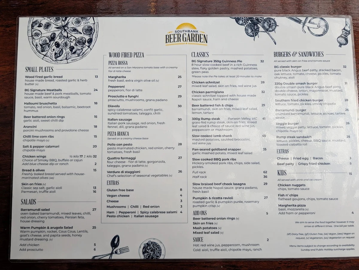 Menu, Southbank Beer Garden