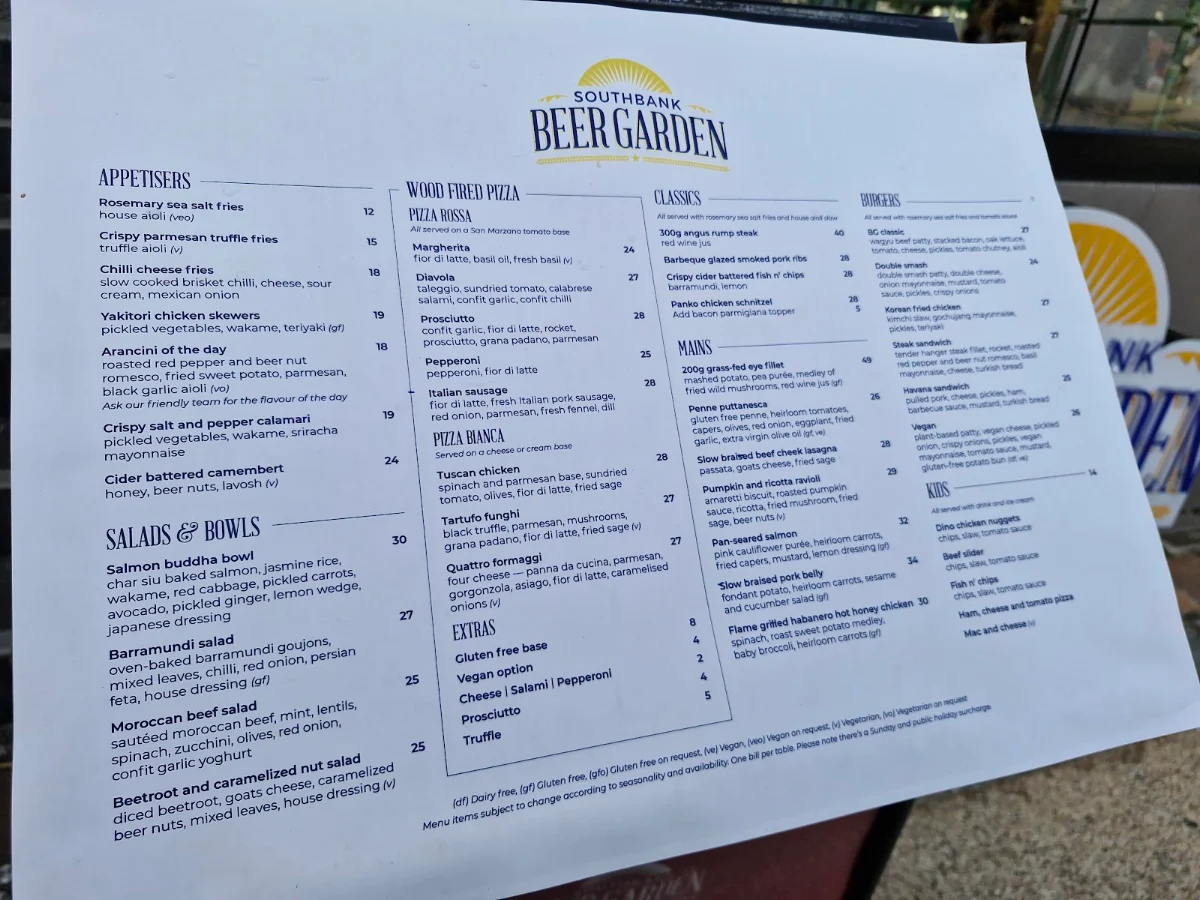 Menu, Southbank Beer Garden