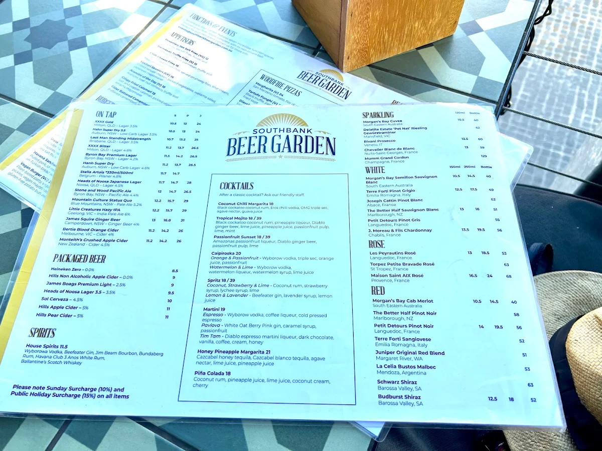 Menu, Southbank Beer Garden