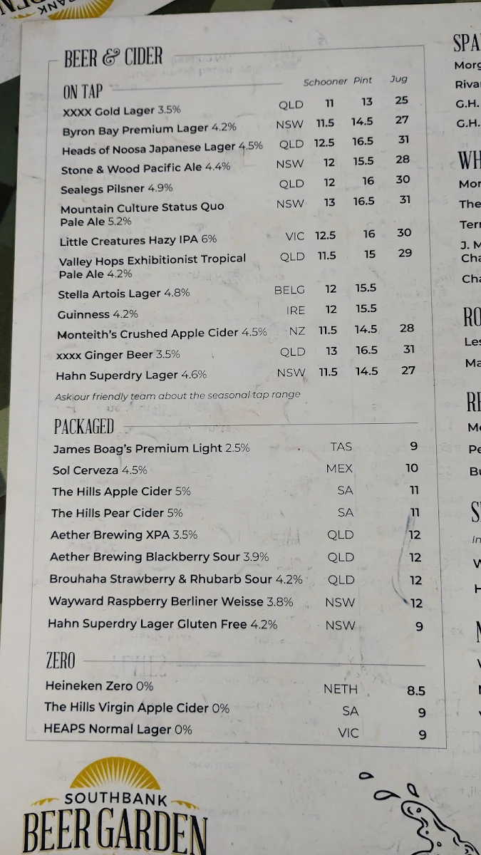 Menu, Southbank Beer Garden
