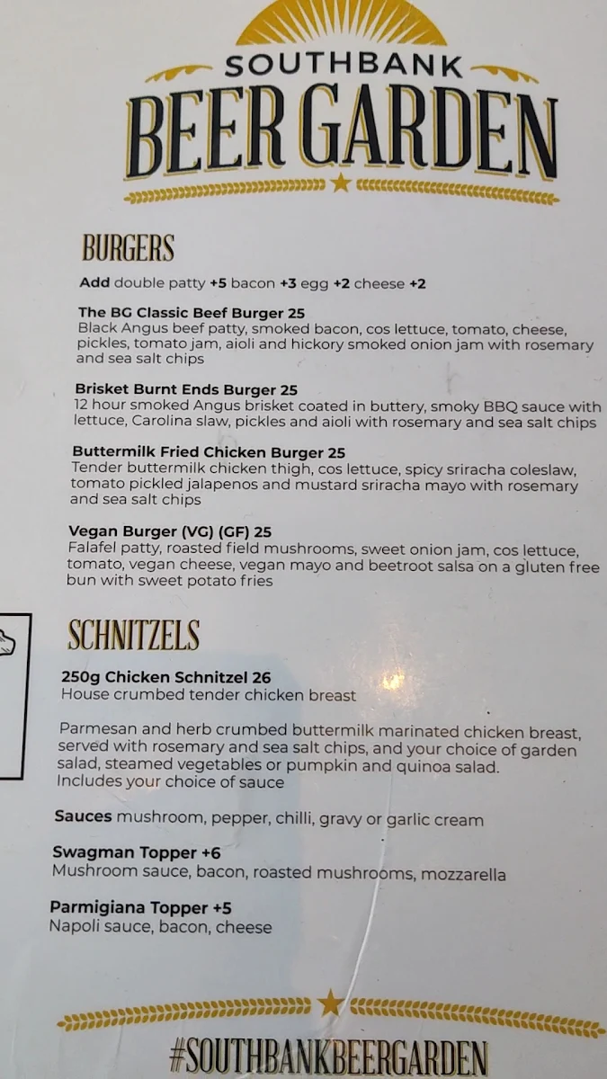Menu, Southbank Beer Garden