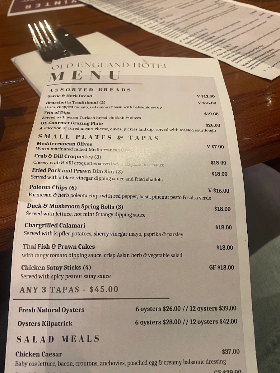 Menu, The Old England Hotel