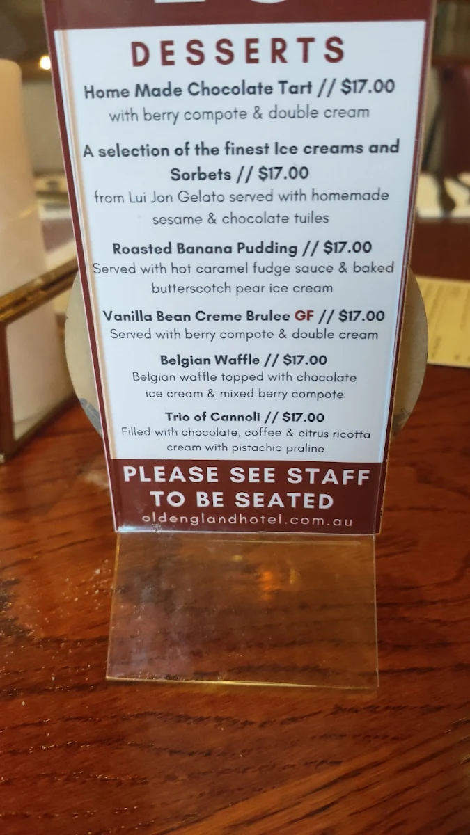 Menu, The Old England Hotel