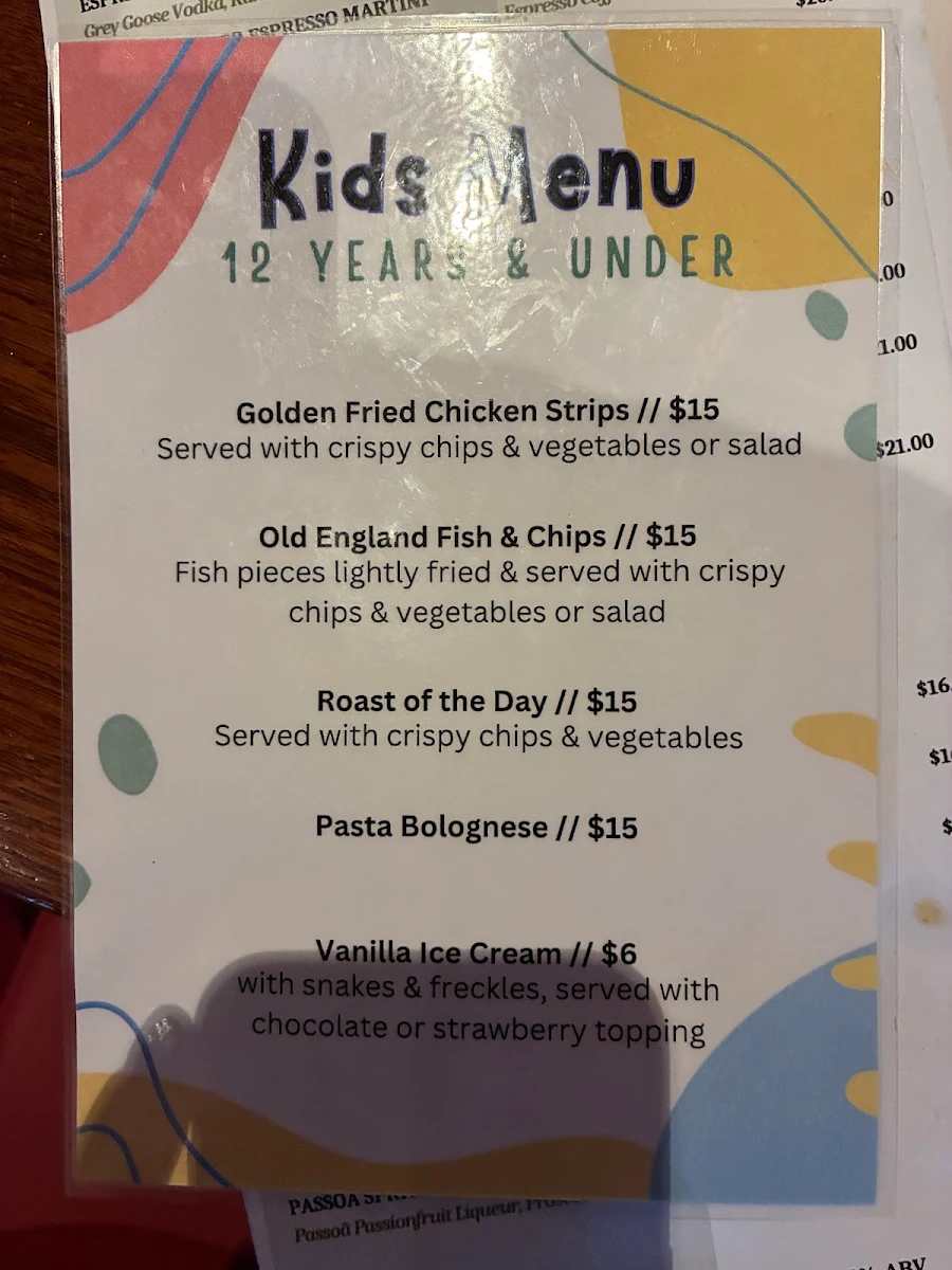 Menu, The Old England Hotel