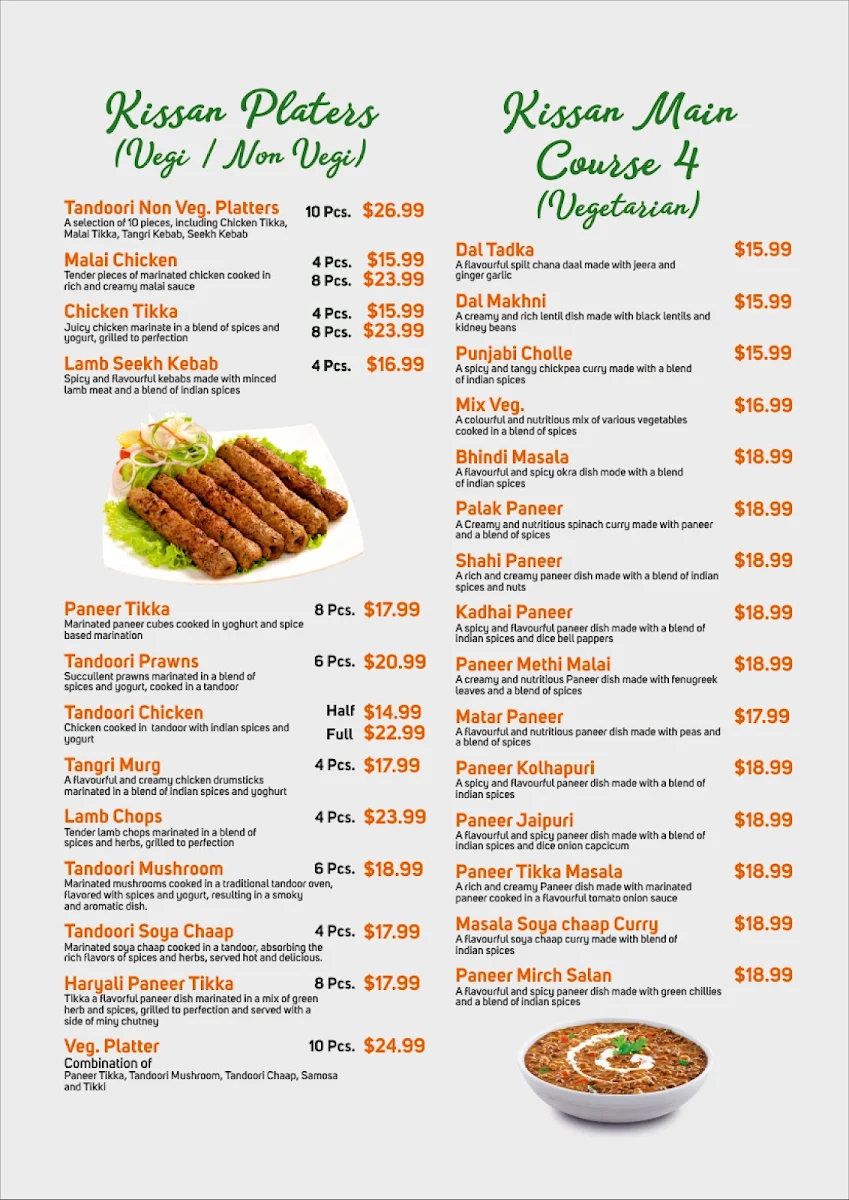 Menu, Kissan Indian Cuisine & Bar