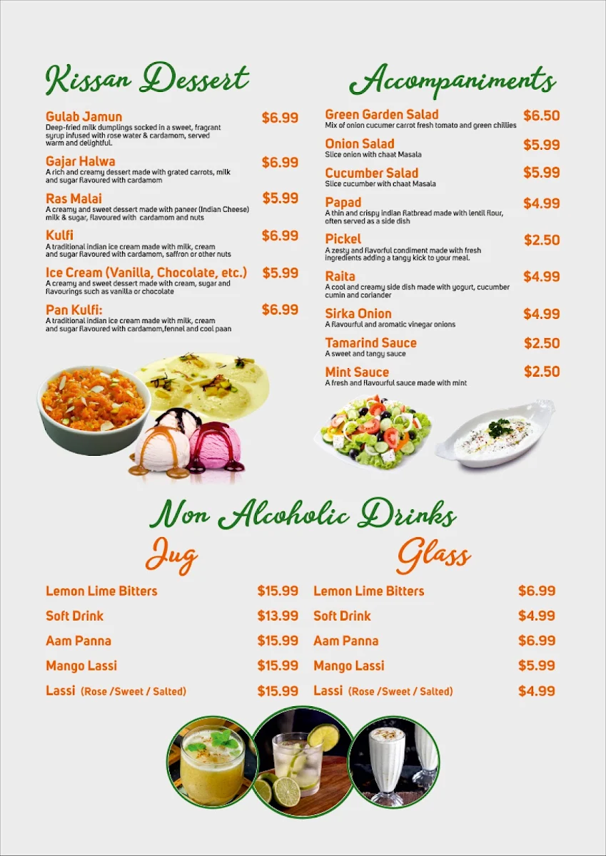 Menu, Kissan Indian Cuisine & Bar