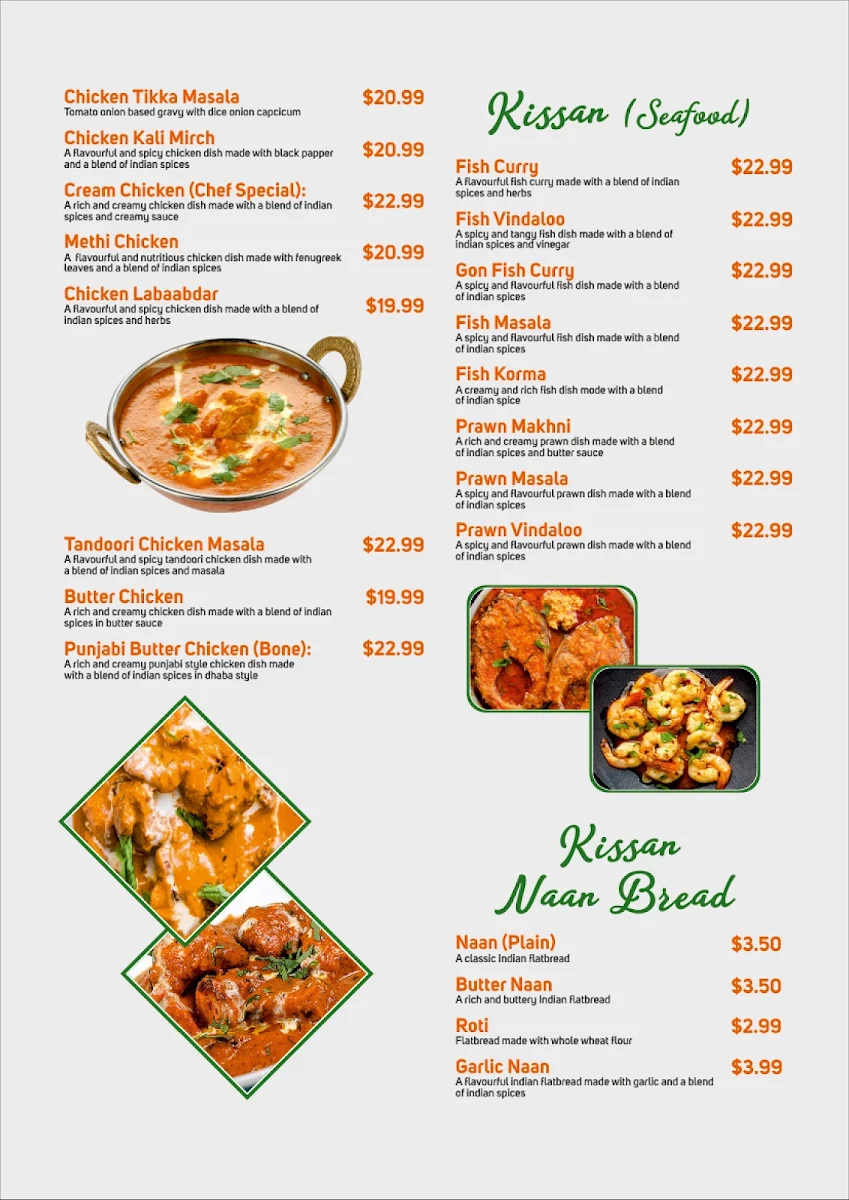 Menu, Kissan Indian Cuisine & Bar