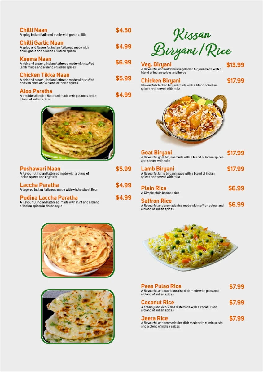 Menu, Kissan Indian Cuisine & Bar
