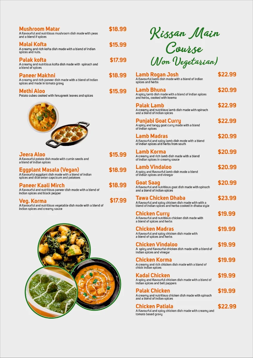 Menu, Kissan Indian Cuisine & Bar