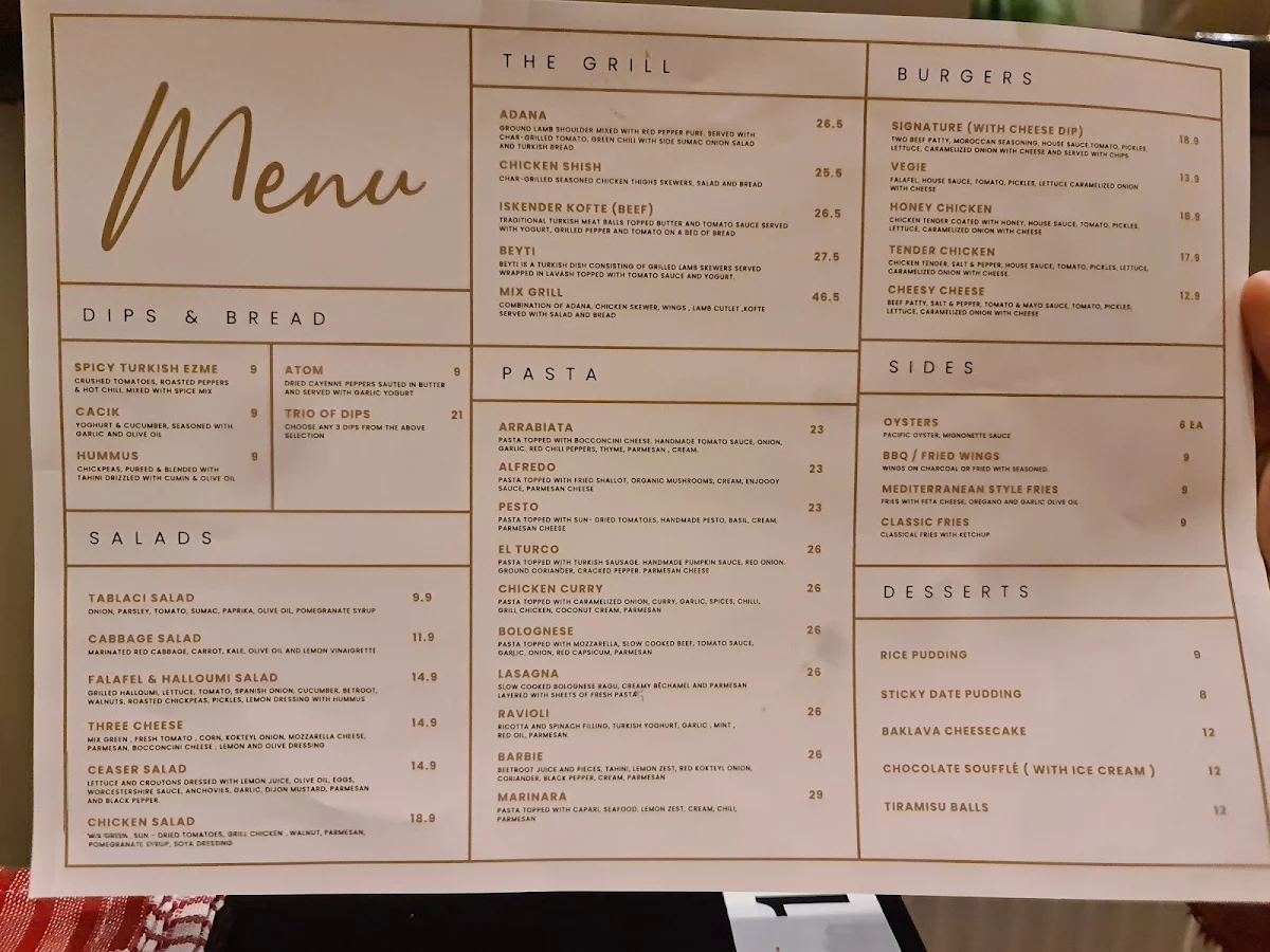 Menu, El Turco