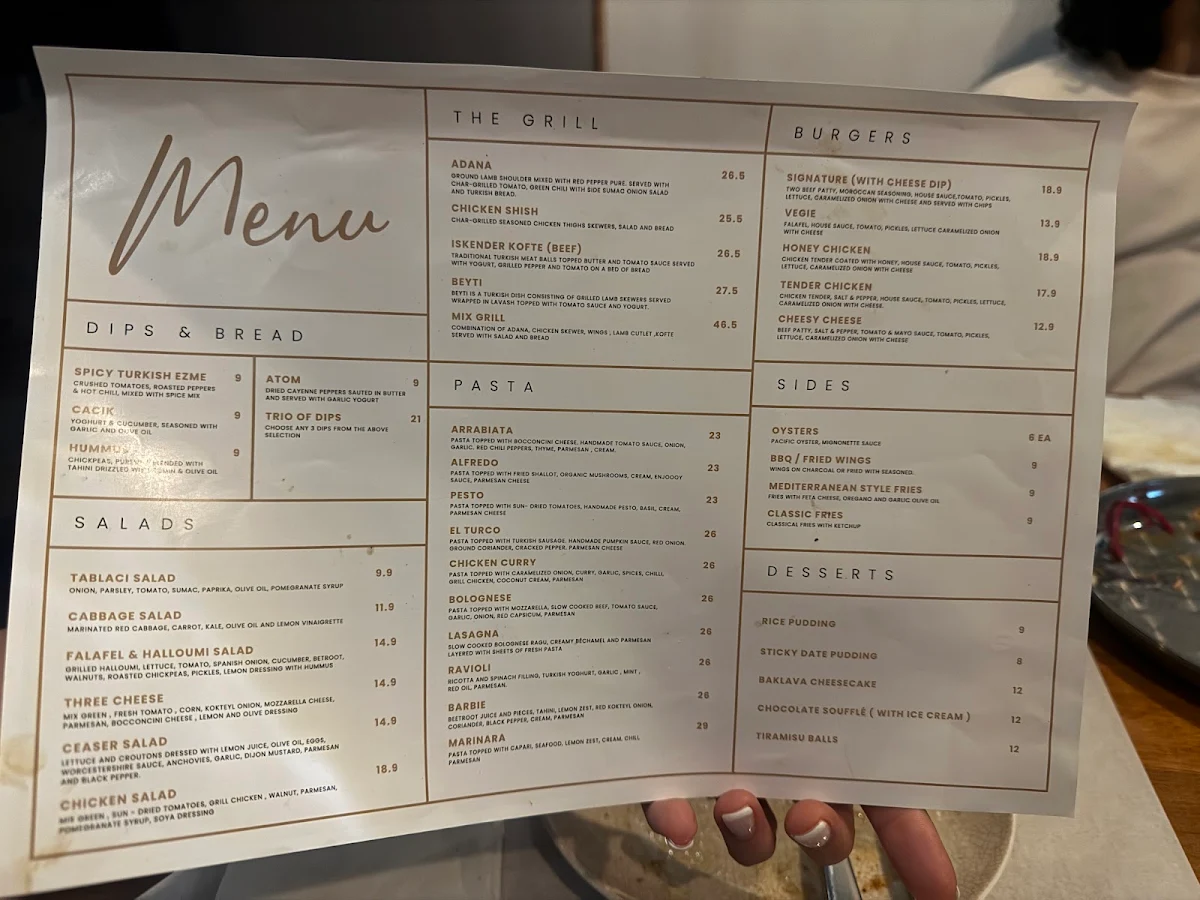 Menu, El Turco
