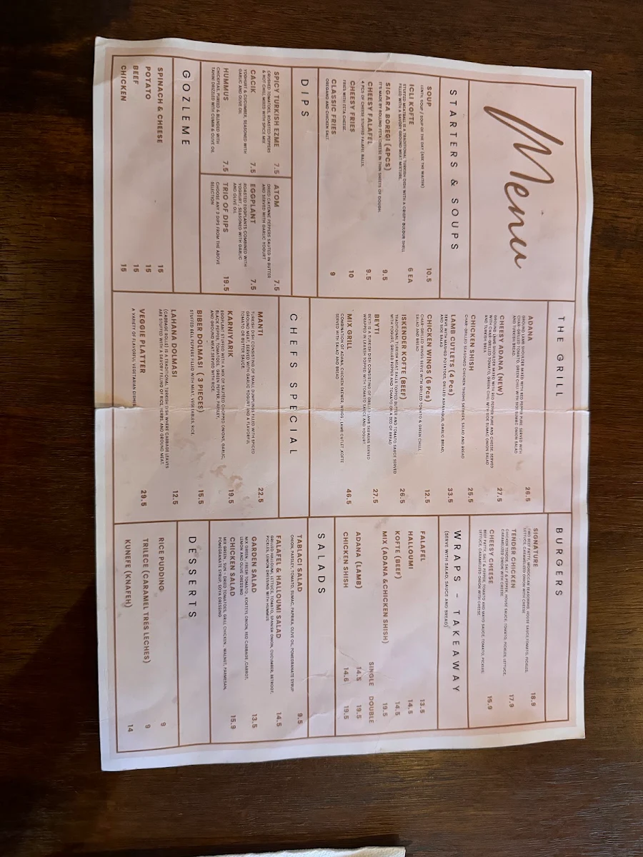Menu, El Turco