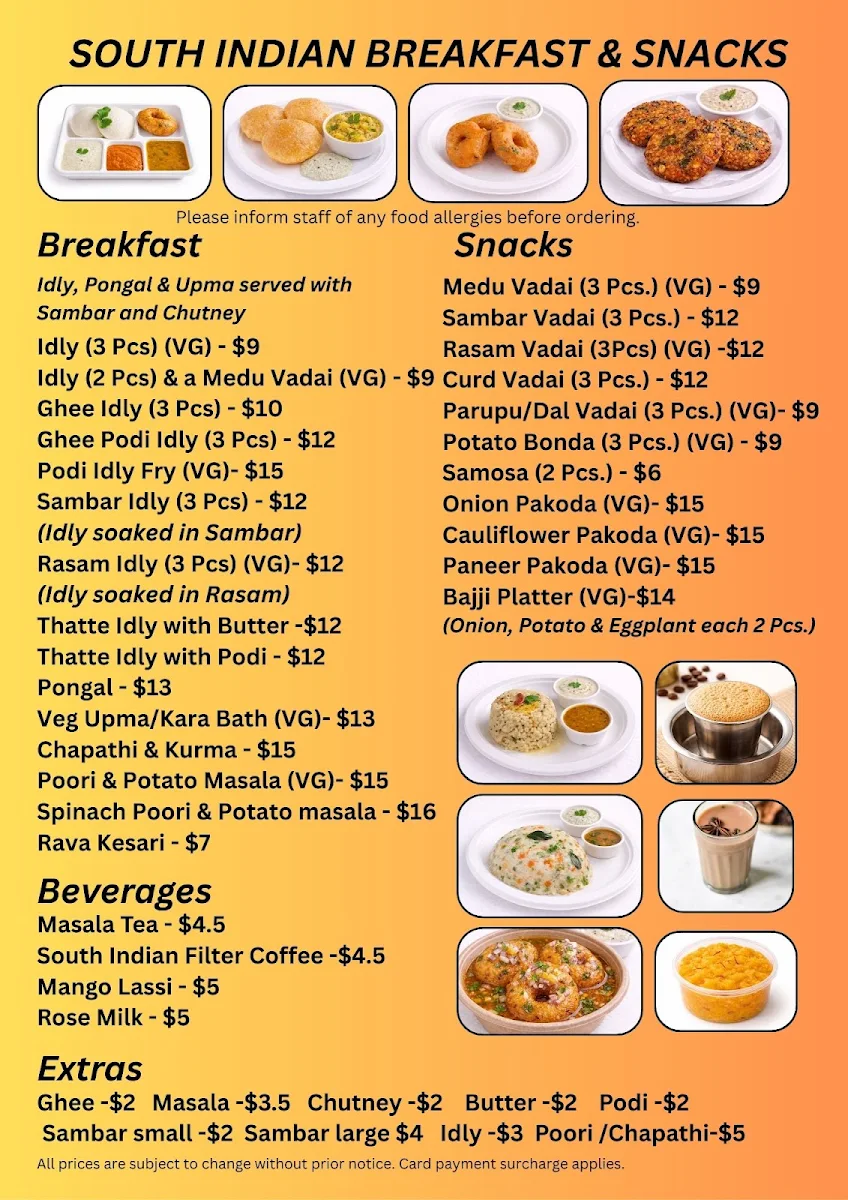 Menu, Sri Ganapathi South Indian Vegetarian Restaurant