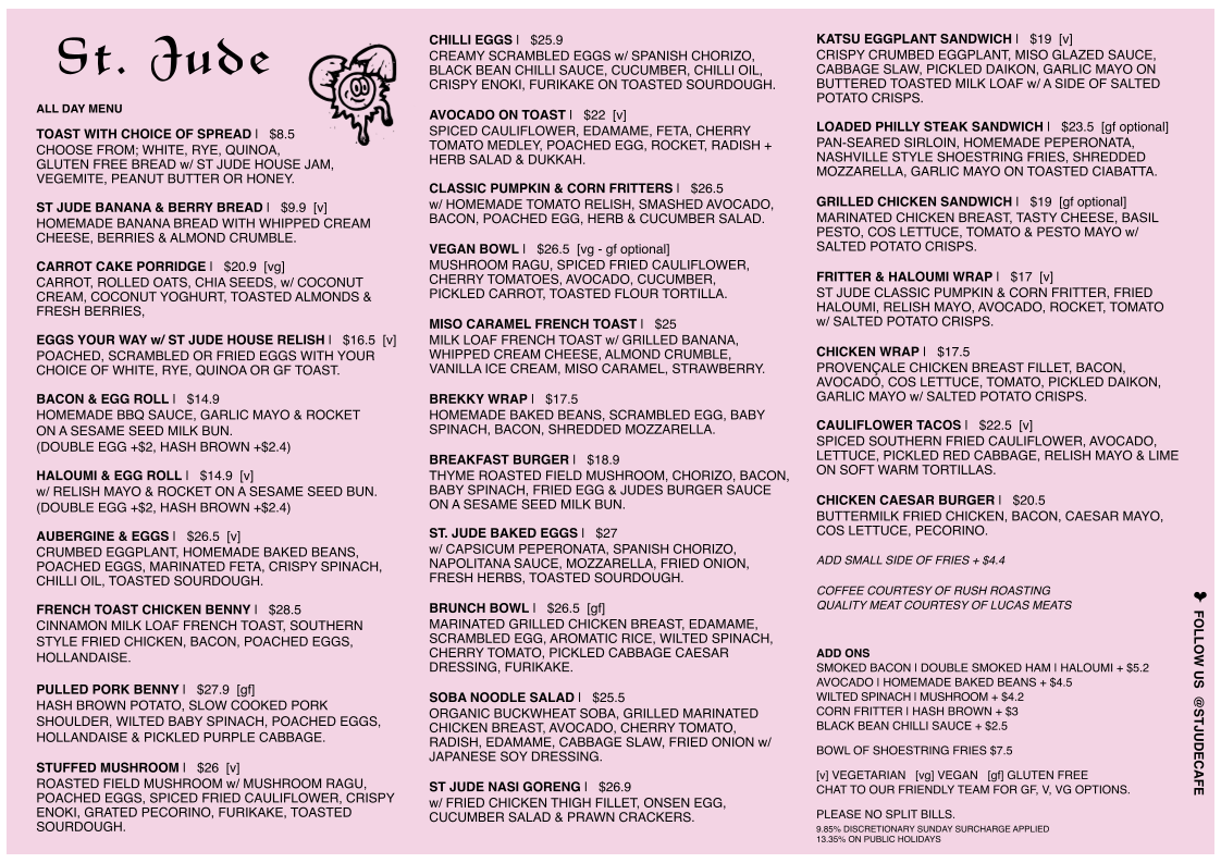 Menu, St Jude Cafe
