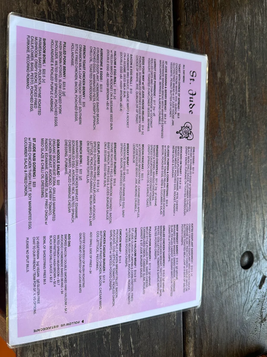 Menu, St Jude Cafe