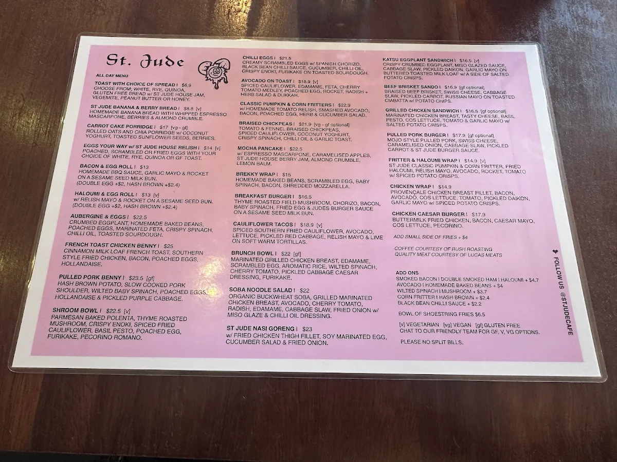Menu, St Jude Cafe