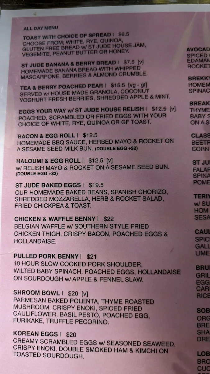 Menu, St Jude Cafe