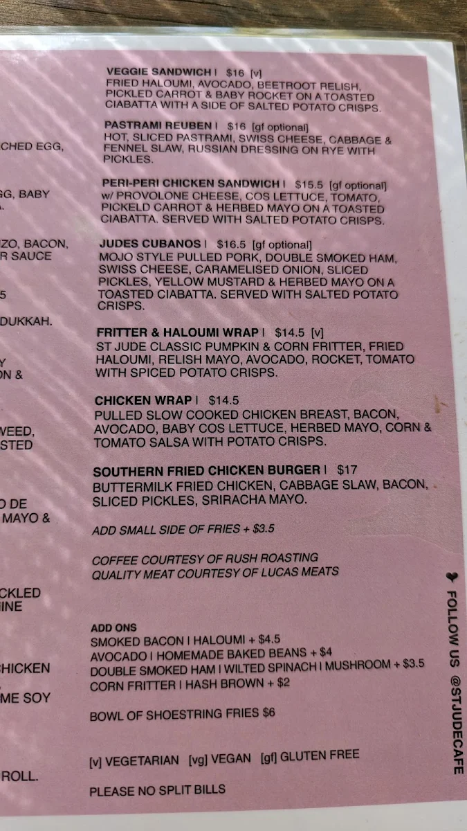 Menu, St Jude Cafe
