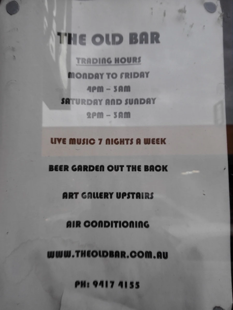 Menu, The Old Bar